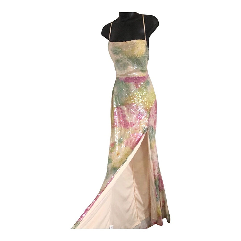 Sequinned pink yellow green multi cowlneck laceup back mermaid maxi dress size L